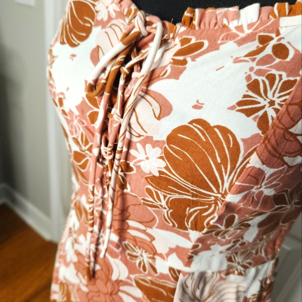 NWT Japna Tropical Floral Cottage Core Peasant Lace Tie Front Dress Size SMALL